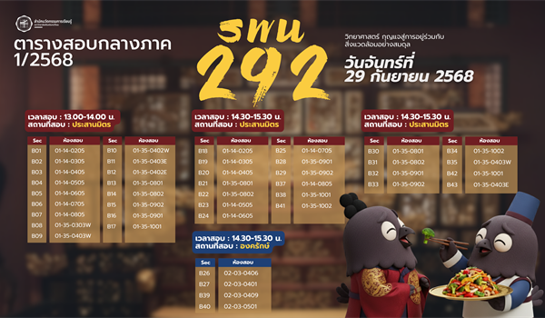ตารางสอบกลางภาค 1/2568 รายวิชา SWU 292 วิทยาศาสตร์...