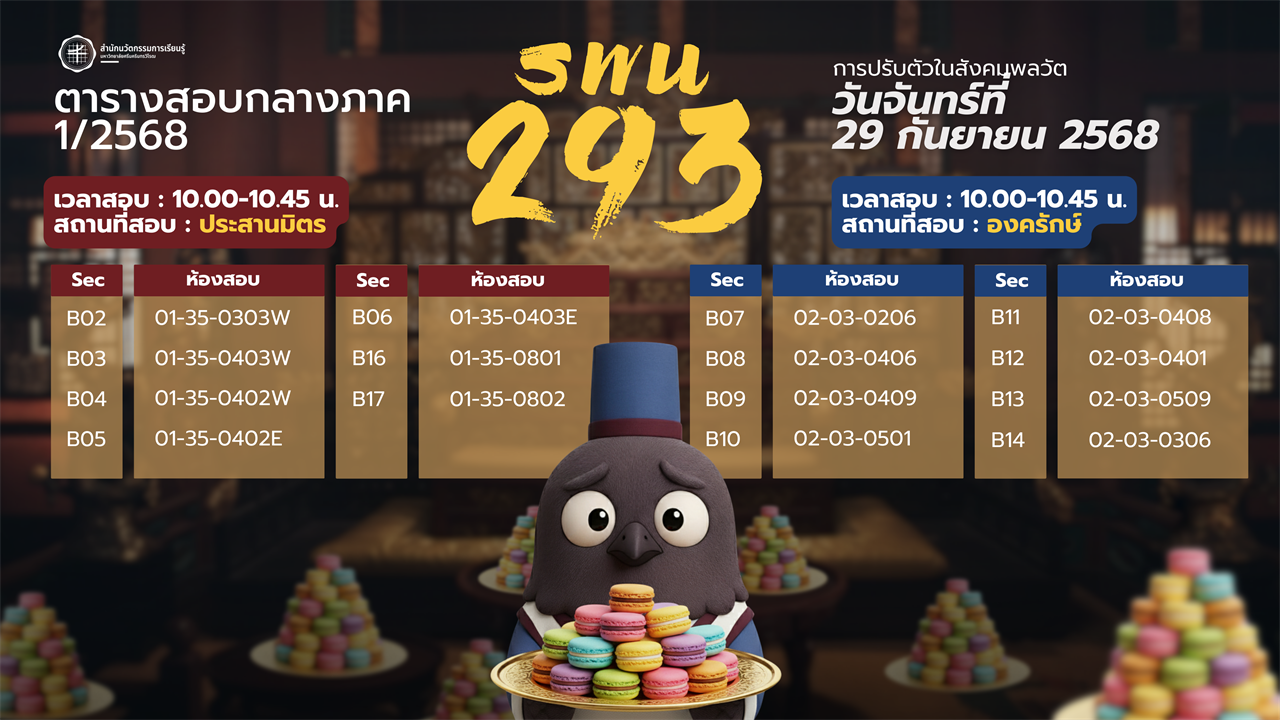 ตารางสอบกลางภาค 1/2568 รายวิชา SWU 293 การปรับตัวในสังคมพลวัต (Adaptation in the Dynamic Society)
