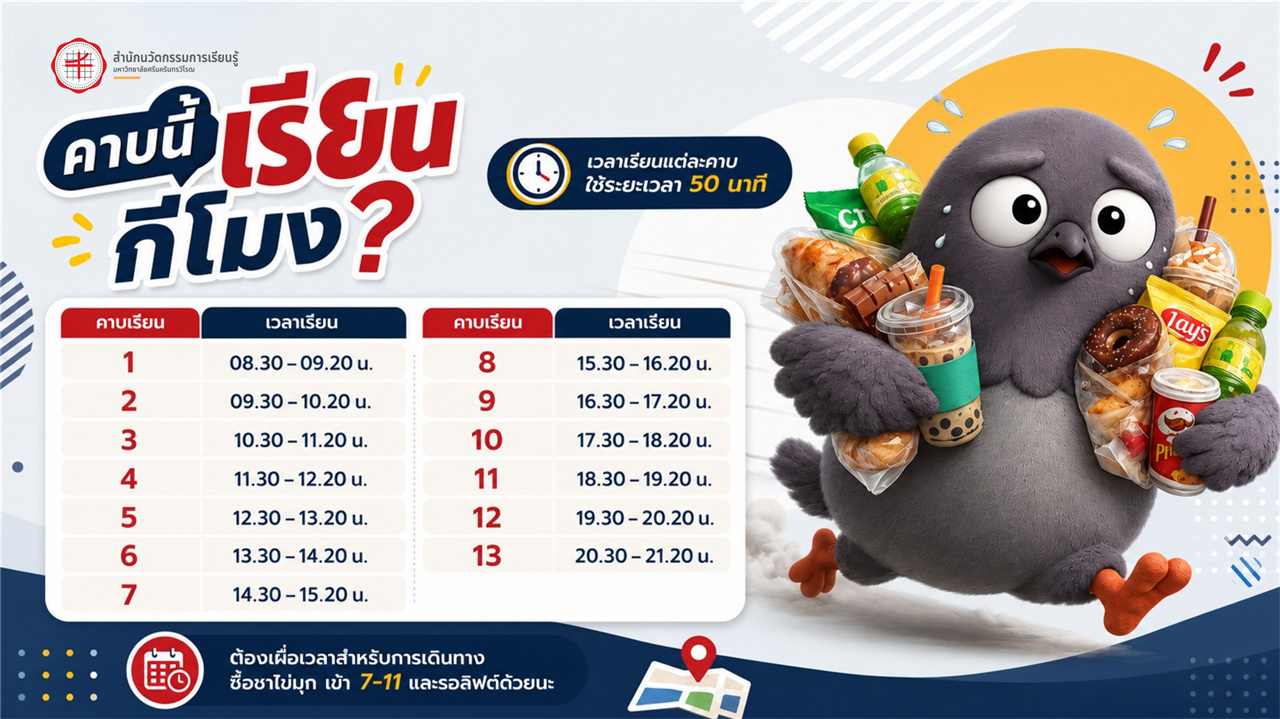 คาบนี้เรียนกี่โมงน๊าาาาา เช็กเวลาให้ดี วิ่งให้ไว แล้วอย่าลืมเผื่อเวลารอลิฟต์ด้วยนะ